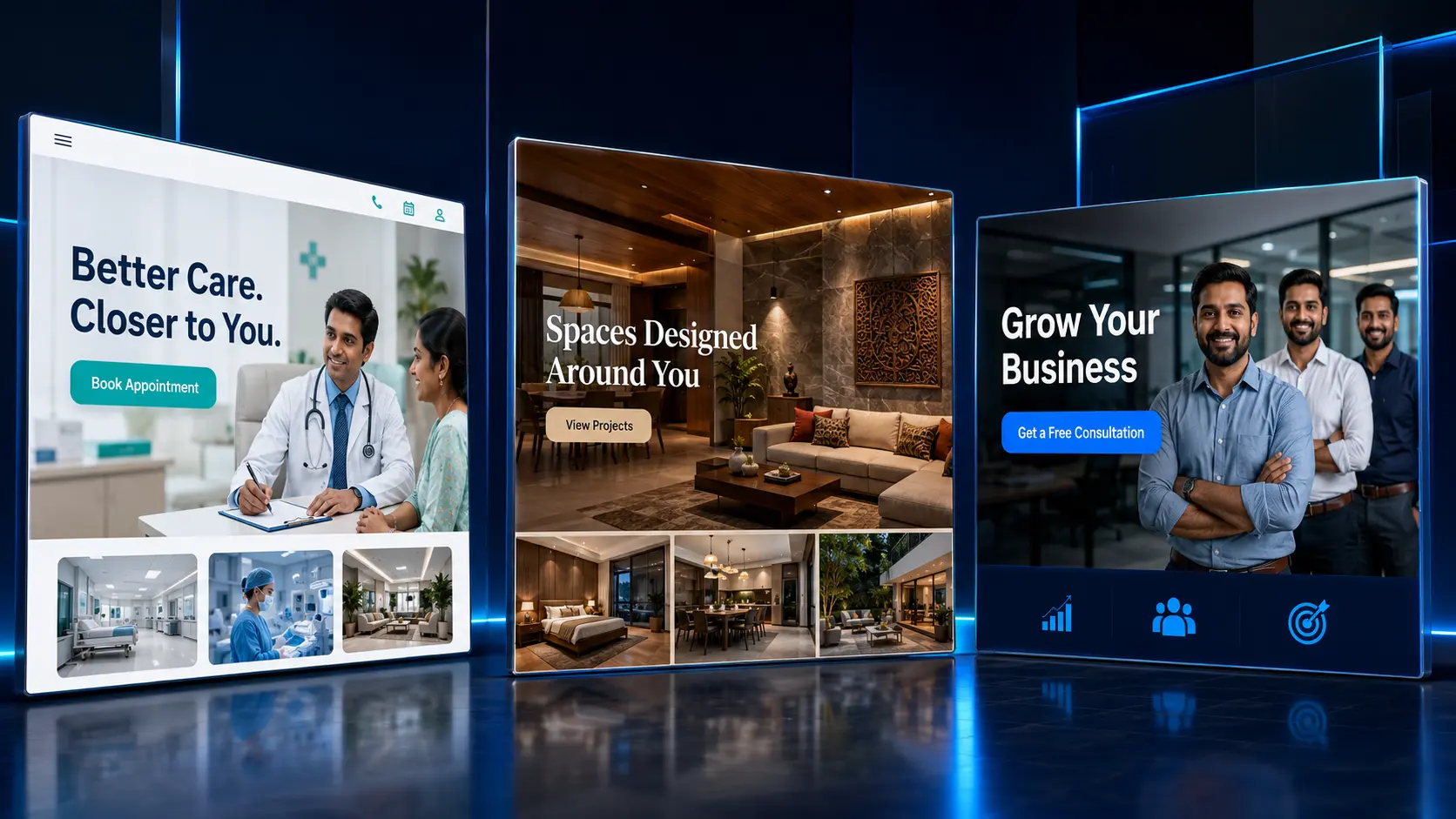 Three premium website designs for service, appointment and campaign businesses